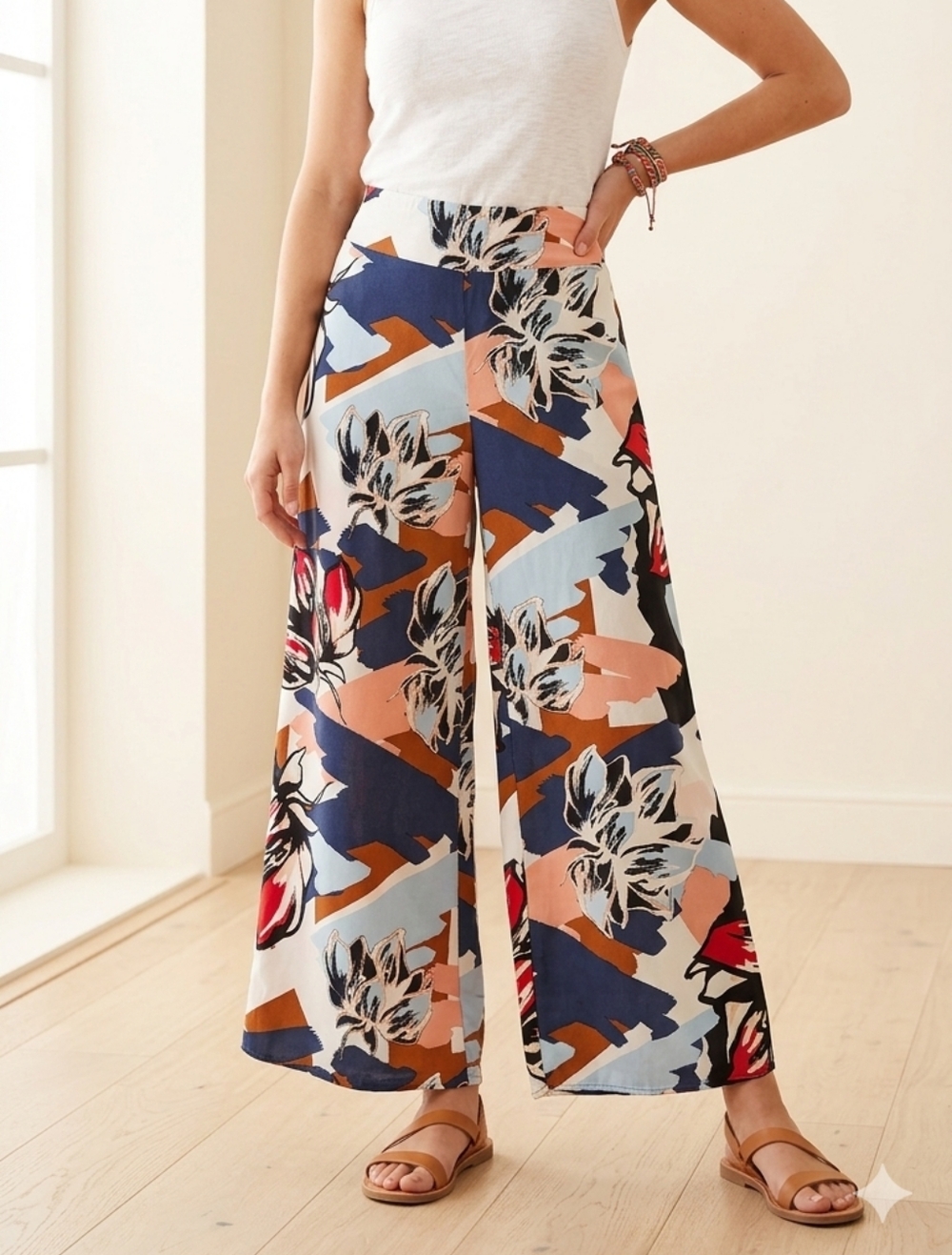 Bar lll Palazzo Wide Leg Abstract Floral Multi Color Flowy Women's Pants Size L